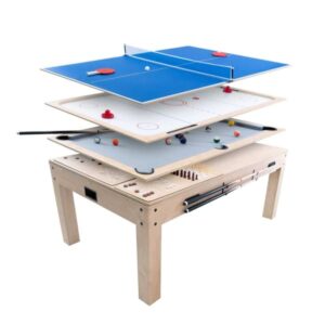 7-i-1 Spelbord 206 cm - Biljard, Bordtennis, Air Hockey, Schack & Matbord | Robust Träram, Ekfinish, Komplett Tillbehörsset